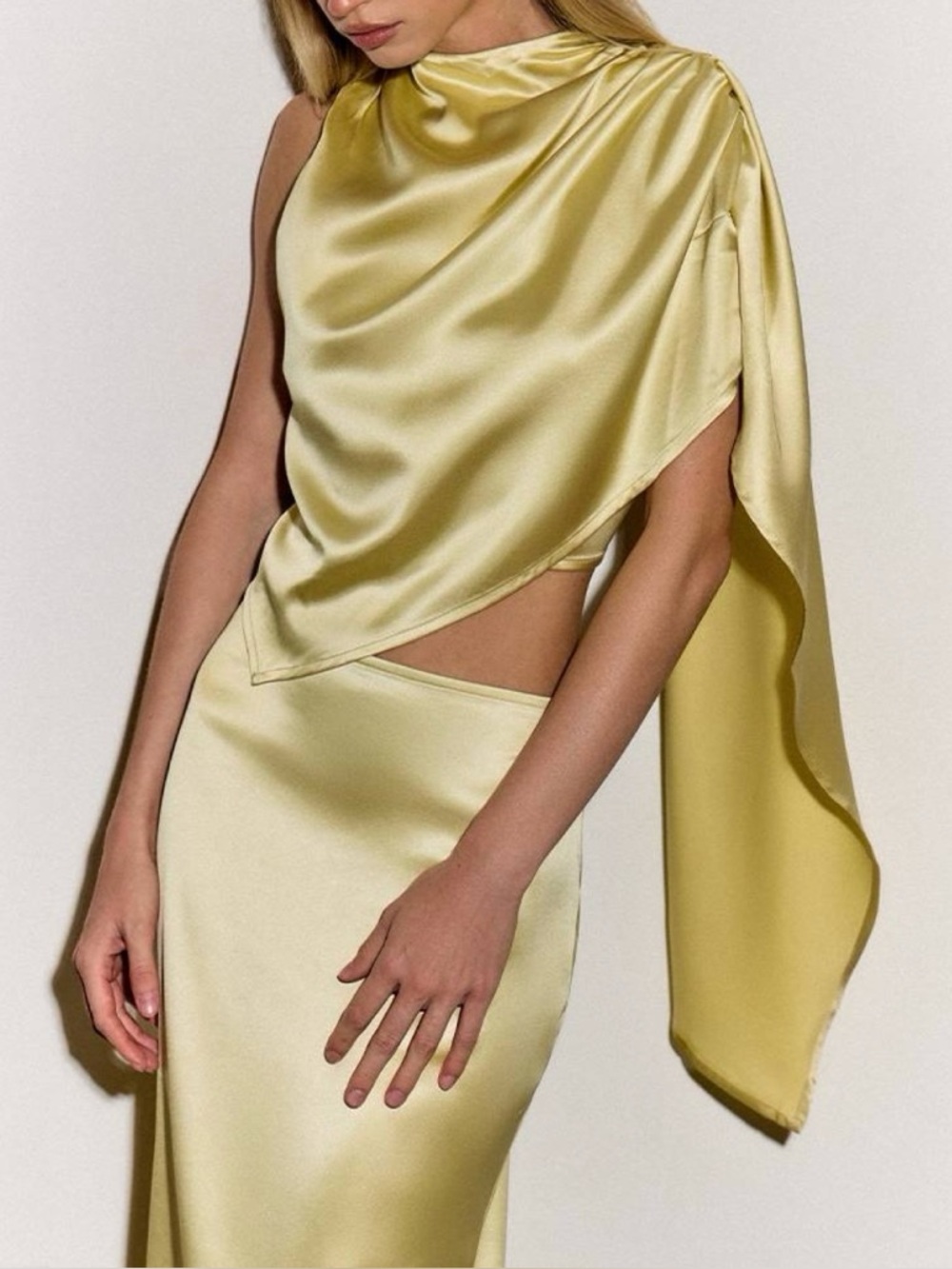 BUTTER YELLOW SATIN DRAPE TOP AND MAXI SKIRT
